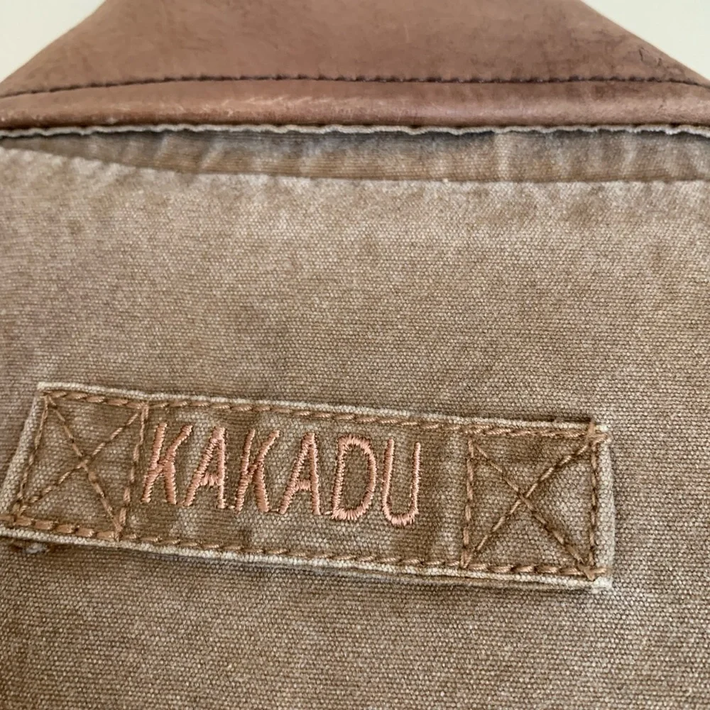 Kakadu Traders Australia Vest Brown Canvas Sherpa Lined  Leather Collar